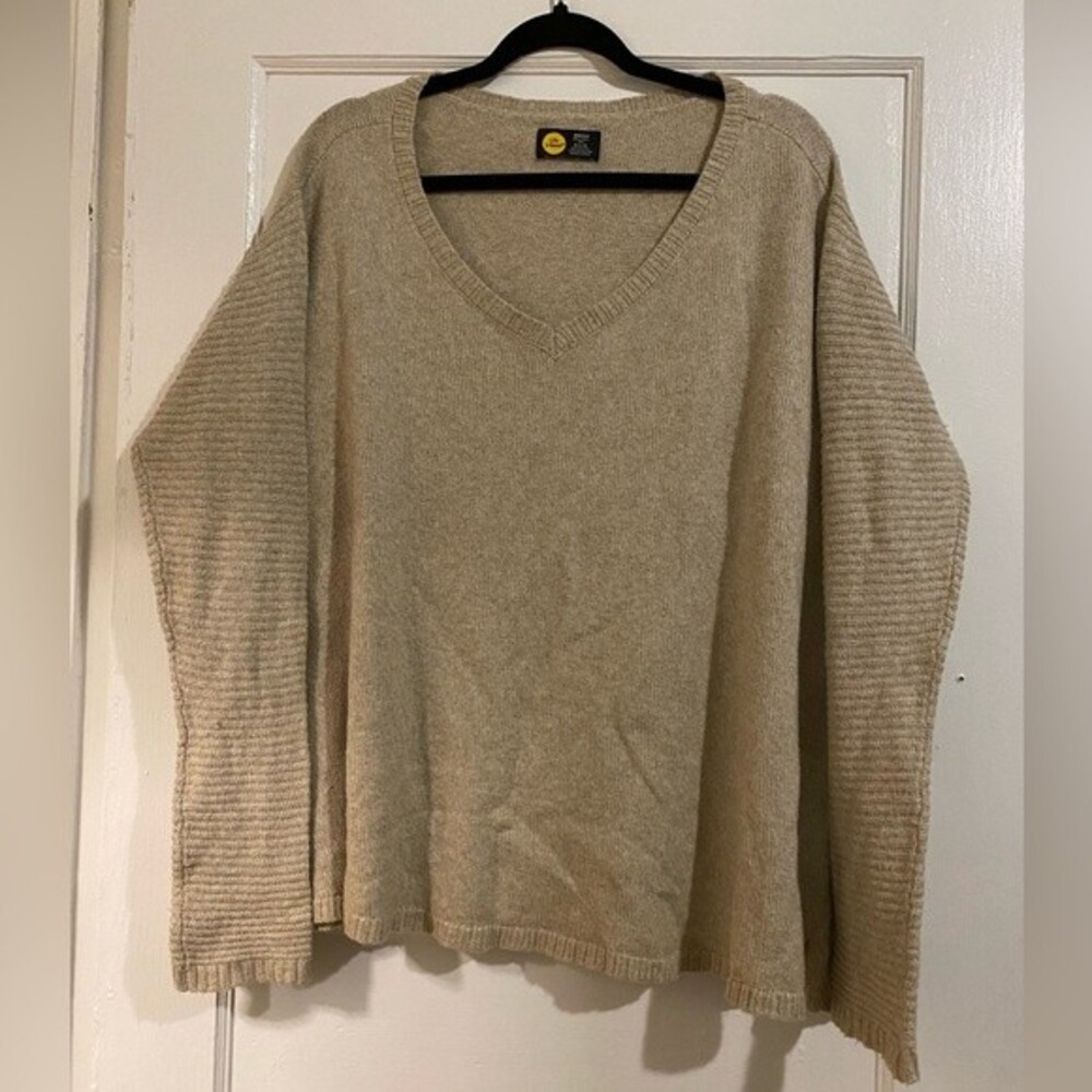 Life is Good Beachy Beige V Neck Long Sleeve Embroidered Knit Sweater